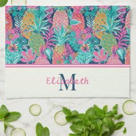 Preppy Pink Aquamarin Navy Blue Ananas Monogramm Geschirrtuch