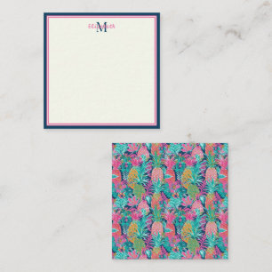 Preppy Pink Aquamarin Navy Blue Ananas Monogramm Mitteilungskarte