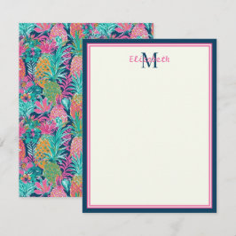 Preppy Pink Aquamarin Navy Blue Ananas Monogramm Mitteilungskarte