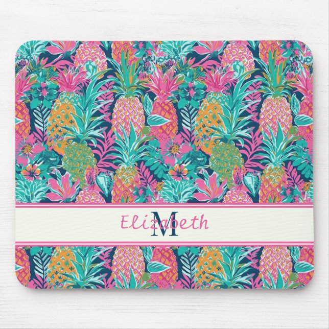 Preppy Pink Aquamarin Navy Blue Ananas Monogramm Mousepad (Vorne)
