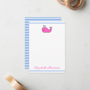 Preppy Pink Blue and White Whale Personalisiert Mitteilungskarte