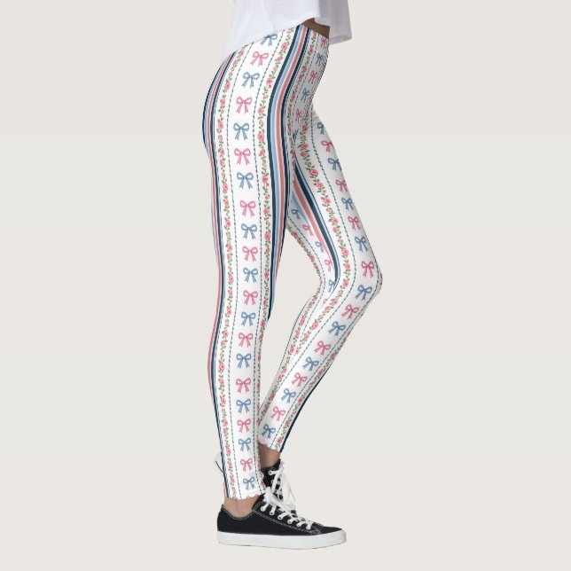 Preppy Pink Blue Coquette Bows Stripes Trendy Leggings (Rechts)