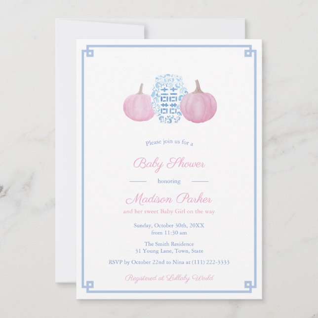 Preppy Pink & Blue Pumpkin Girl Baby ShowParty Einladung (Vorderseite)