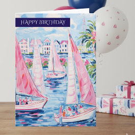 Preppy Pink Blue Tropical Sailboats Happy Birthday Karte
