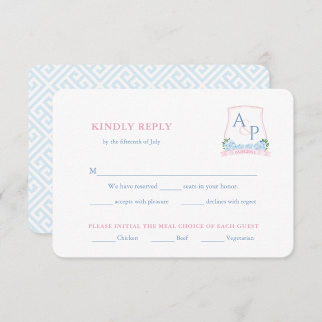 Preppy Pink Blue Wedding Wappen UAWG Begleitkarte (Vorne/Hinten)