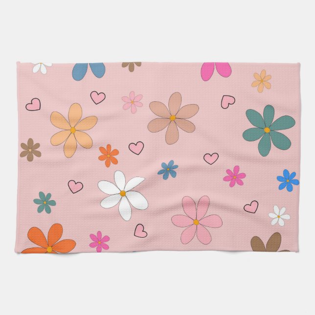 Preppy Pink Blume Herz Y2K Muster Geschirrtuch (Horizontal)