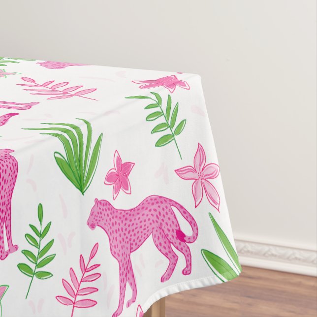Preppy Pink Cheetah Weiße Flora Hintergrund Tischdecke (Beispiel)