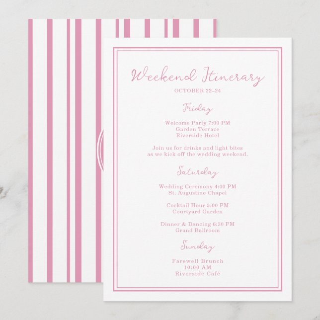 Preppy Pink Chic Wedding Weekend Itinerary Card Einladung (Vorne/Hinten)