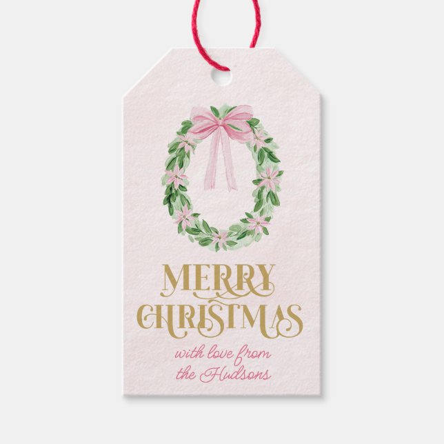 Preppy Pink Christmas Wreath gift tag Geschenkanhänger (Vorderseite)