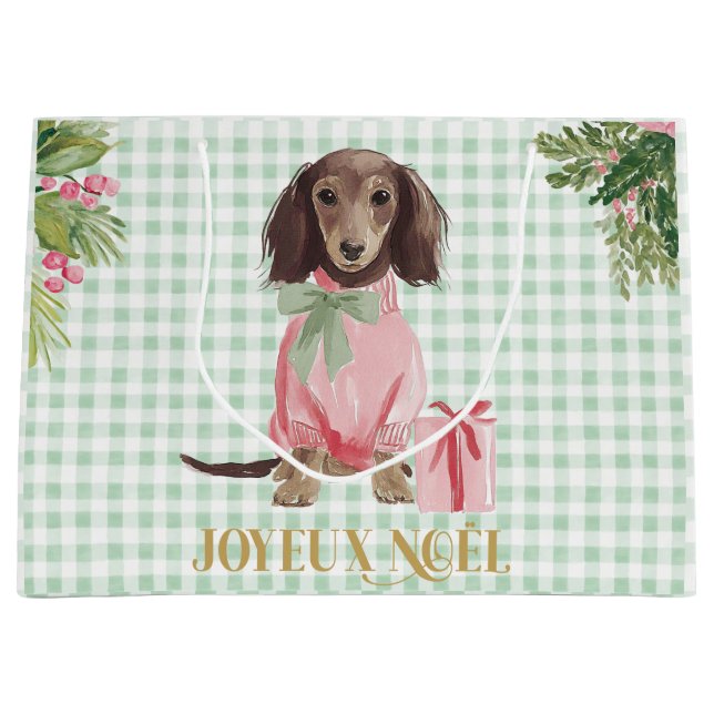 Preppy Pink Dachshund & Green Gingham Joyeux Noël Große Geschenktüte (Vorderseite)