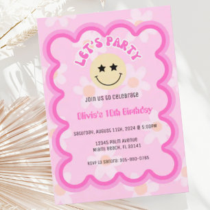 Preppy Pink Daisy Y2K Happy Face Party Geburtstag Einladung