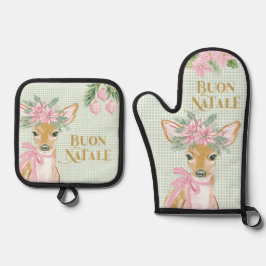 Preppy Pink Deer & Green Gingham Buon Natale Ofenhandschuh & Topflappen-Set