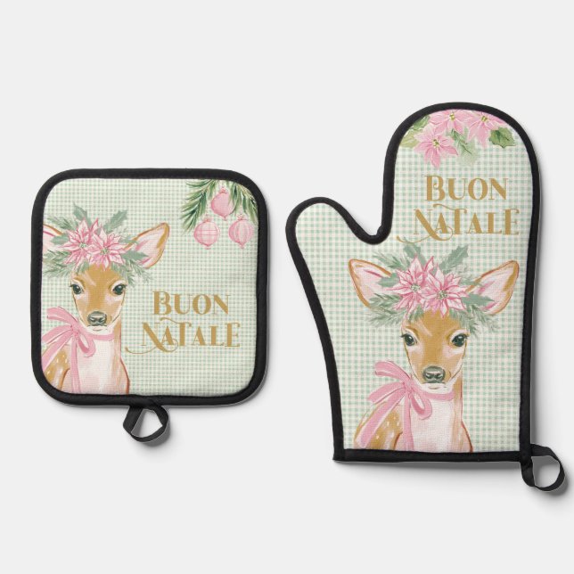 Preppy Pink Deer & Green Gingham Buon Natale Ofenhandschuh & Topflappen-Set (Vorderseite)