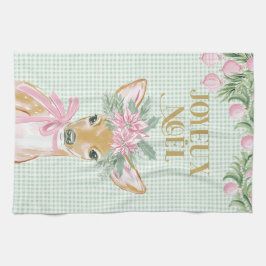 Preppy Pink Deer & Green Gingham Joyeux Noël Geschirrtuch