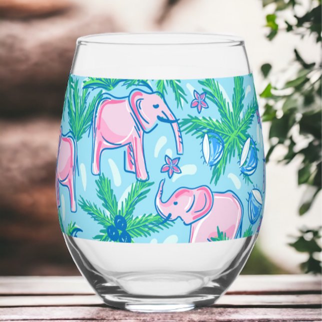 Preppy Pink Elephant Palm Tree Weinglas Ohne Stiel (Von Creator hochgeladen)