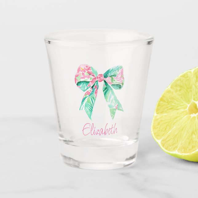 Preppy Pink Floral Bow Personalisiert Schnapsglas (Vorderseite)
