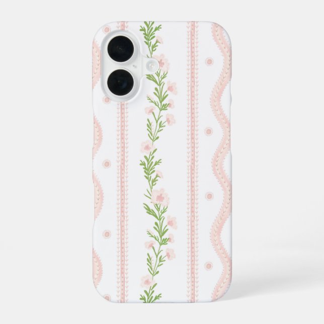 Preppy Pink Floral Stripe iPhone 16 Fall Hülle (Rückseite)