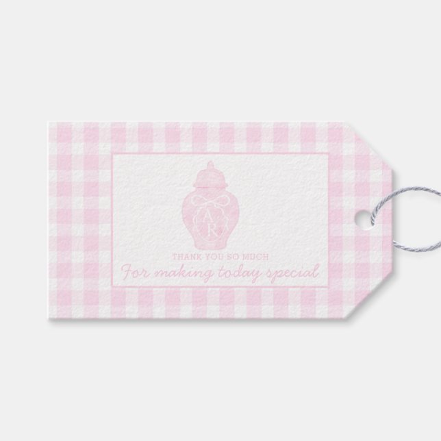 Preppy Pink Ginger Jar Monogram Erster Geburtstag Geschenkanhänger (Vorderseite (Horizontal))