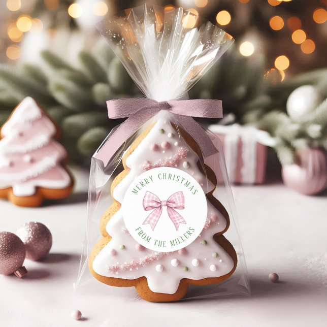 Preppy Pink Gingham Bow Classic Round Sticker (Von Creator hochgeladen)