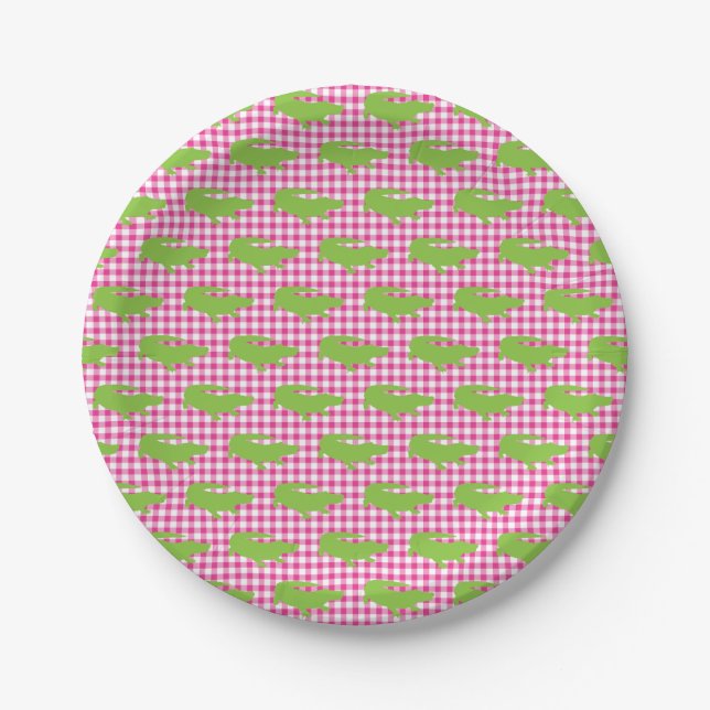 Preppy Pink Gingham Green Alligator Southern Fun Pappteller (Vorderseite)