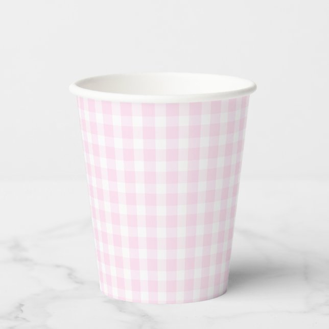 Preppy Pink Gingham Kariert erster Geburtstag Pappbecher (Vorderseite)