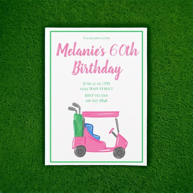 Preppy Pink Golf Cart Geburtstagsparty Einladung (Von Creator hochgeladen)