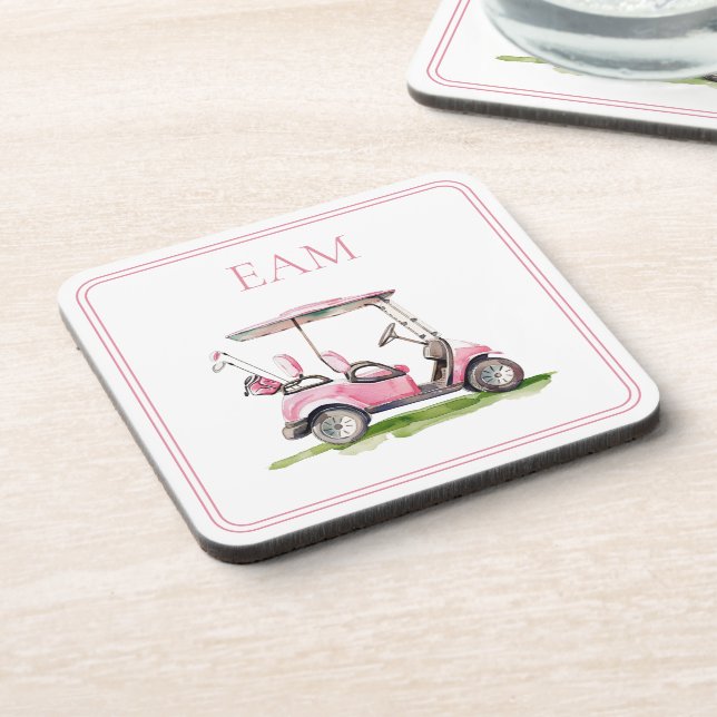 Preppy Pink Golf Cart Monogram Getränkeuntersetzer (Linke Seite)