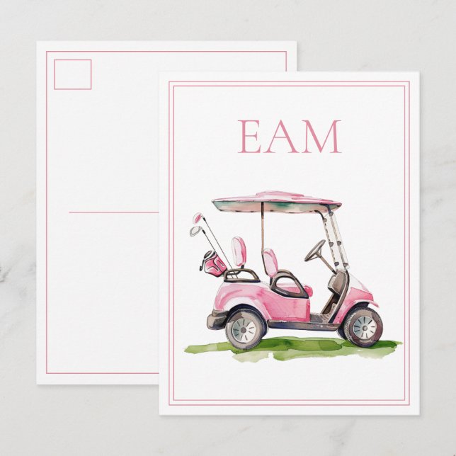 Preppy Pink Golf Cart Monogram Postkarte (Vorne/Hinten)