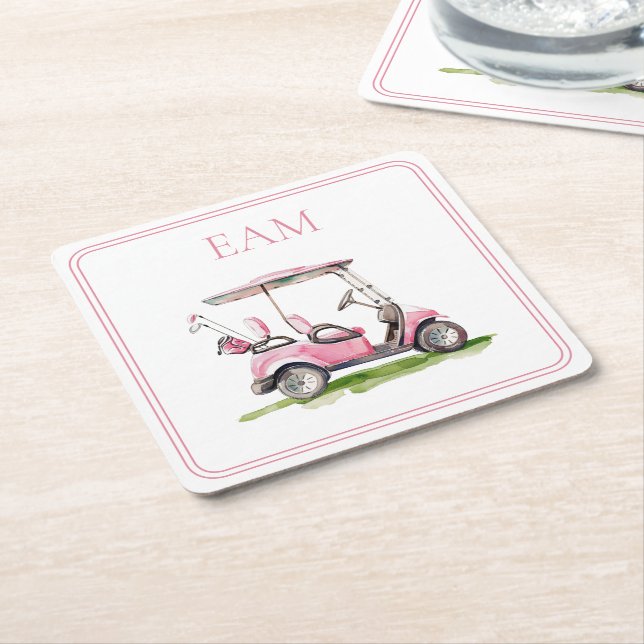 Preppy Pink Golf Cart Monogram Rechteckiger Pappuntersetzer (angewinkelt)