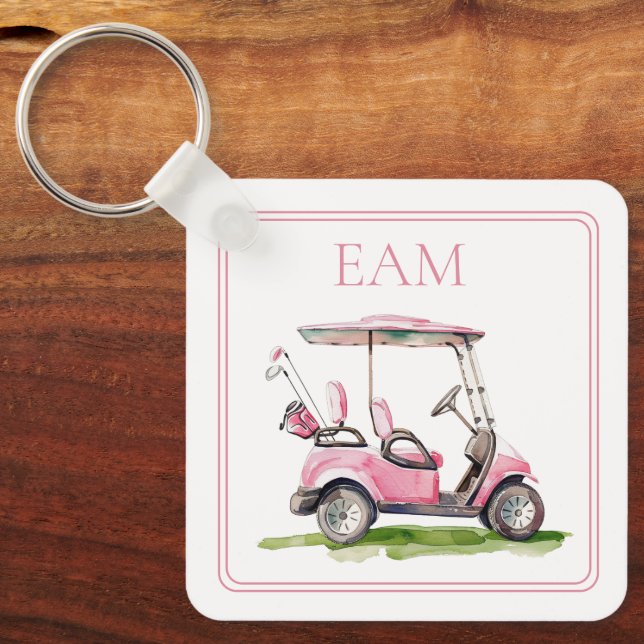 Preppy Pink Golf Cart Monogram Schlüsselanhänger (Vorderseite)