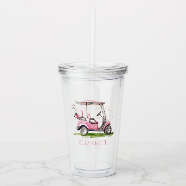 Preppy Pink Golf Cart Personalisiert Acryltrinkbecher (Vorderseite)