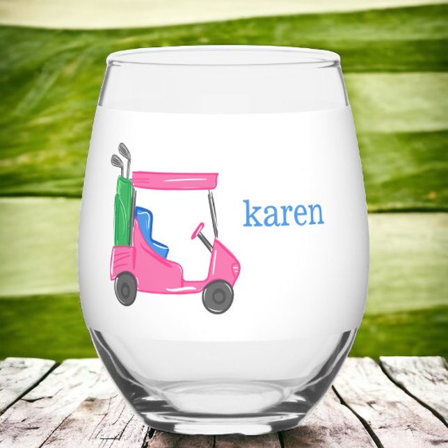 Preppy Pink Golf Cart Personalisiert Weinglas Ohne Stiel (Von Creator hochgeladen)