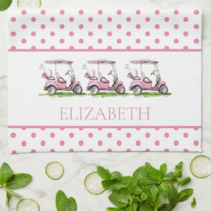 Preppy Pink Golf Carts auf Polka Dots Personalisie Geschirrtuch