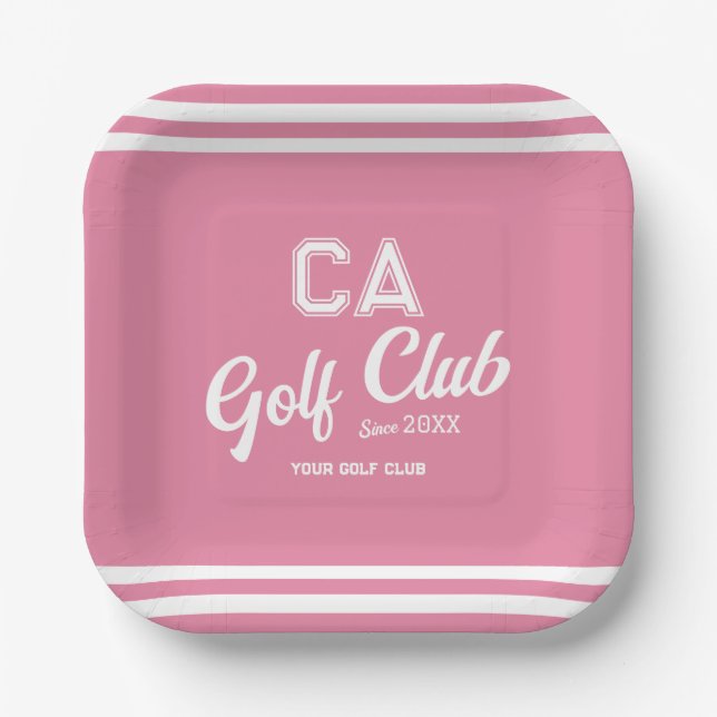 Preppy Pink Golf Club Custom Wappen Party Pappteller (Vorderseite)