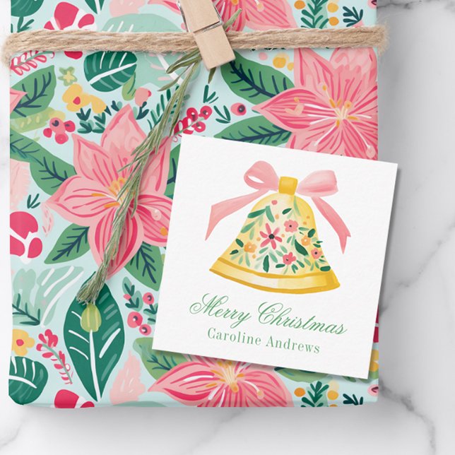 Preppy Pink & Green Christmas Bell - Geschenkverpa Mitteilungskarte (Von Creator hochgeladen)