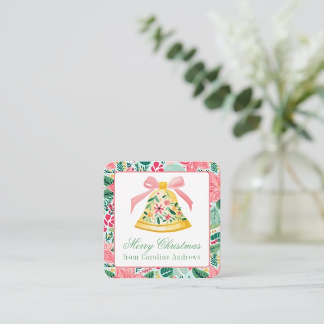Preppy Pink & Green Christmas Bell - Geschenkverpa Mitteilungskarte (Stehend Vorderseite)