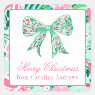 Preppy Pink & Green Christmas Bow Geschenk Quadratischer Aufkleber