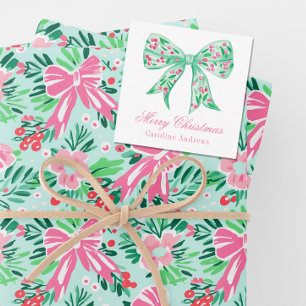 Preppy Pink & Green Christmas Bow Geschenkverpacku Mitteilungskarte