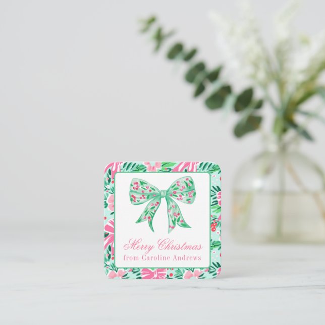 Preppy Pink & Green Christmas Bow Geschenkverpacku Mitteilungskarte (Stehend Vorderseite)