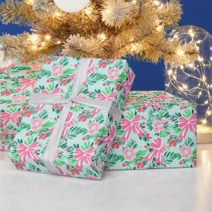 Preppy Pink & Green Christmas Bows & Garland Geschenkpapier