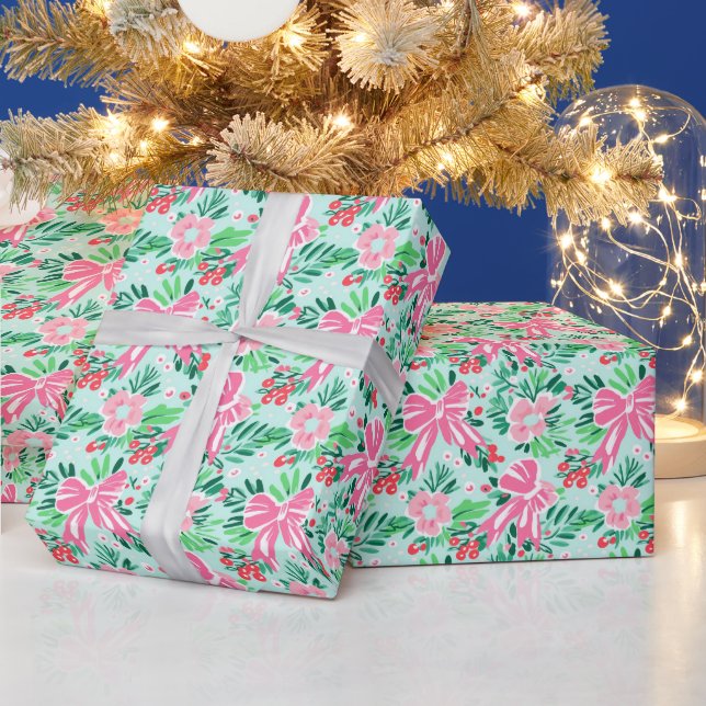 Preppy Pink & Green Christmas Bows & Garland Geschenkpapier (Feiertage)