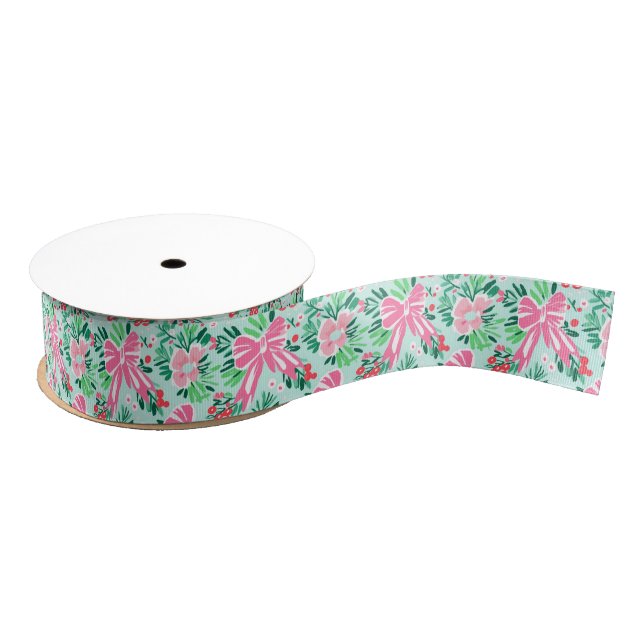 Preppy Pink & Green Christmas Bows & Garland Ripsband (Spule)
