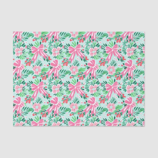 Preppy Pink & Green Christmas Bows & Garland Seidenpapier (Vorderseite)