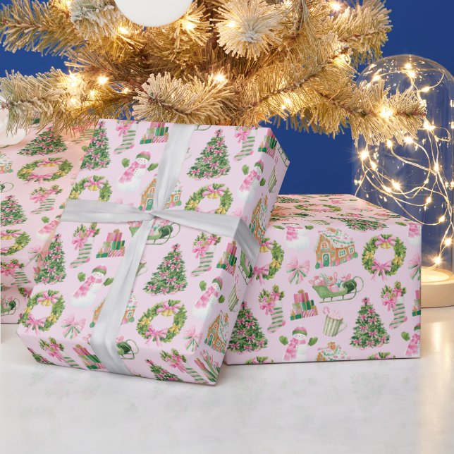 Preppy Pink & Green Christmas Geschenkpapier (Feiertage)