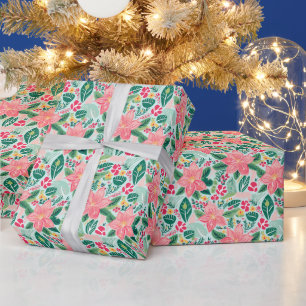 Preppy Pink & Green Christmas Poinsettias Geschenkpapier
