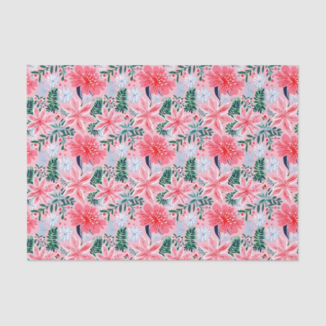 Preppy Pink & Green Christmas Poinsettias Seidenpapier (Vorderseite)