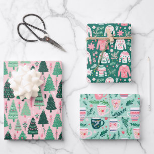 Preppy Pink & Green Christmas Tree Tasse & Sweater Geschenkpapier Set