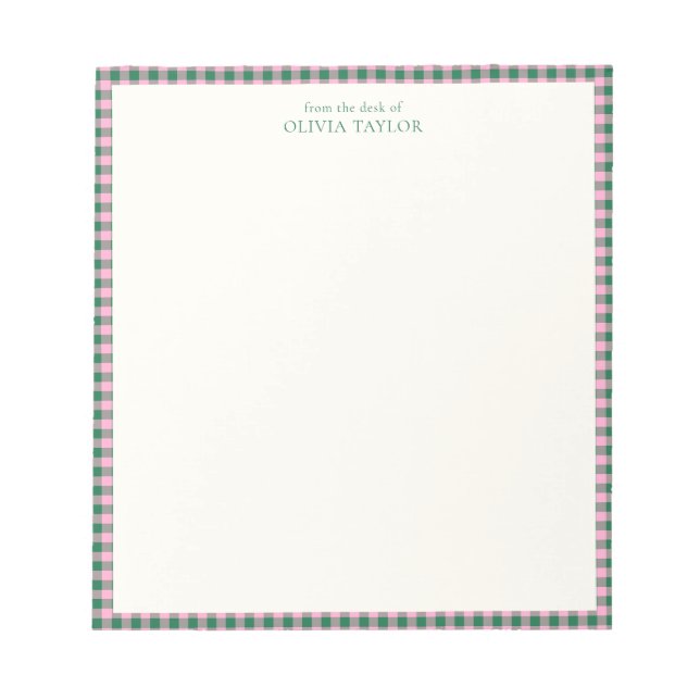 Preppy Pink Green Gingham Plaid Personalized Name Notizblock (Vorderseite)