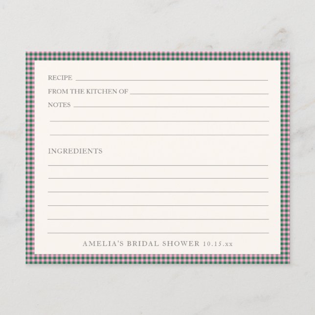 Preppy Pink Green Gingham Shower Recipe Card (Vorderseite)