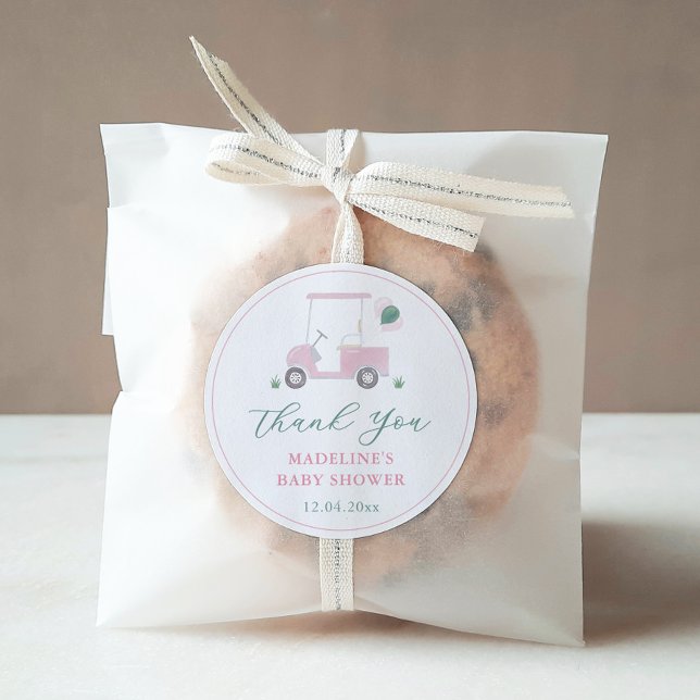 Preppy Pink Green Golf Cart Baby Girl Duft Gefalle Runder Aufkleber (Preppy pink and green watercolor golf cart baby shower favor thank you sticker)